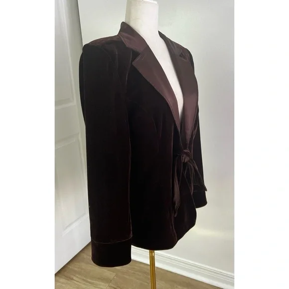 Vintage 90s Espresso Brown Velvet Blazer w/ Satin Shawl Collar & Bow Closure” - Picture 6 of 16